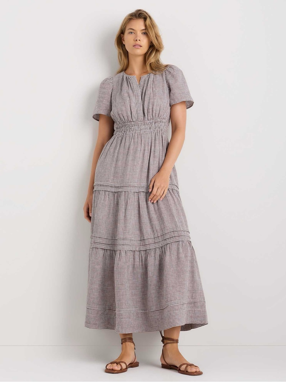 Quince 100% European Linen Tiered Gingham Smocked Maxi Dress